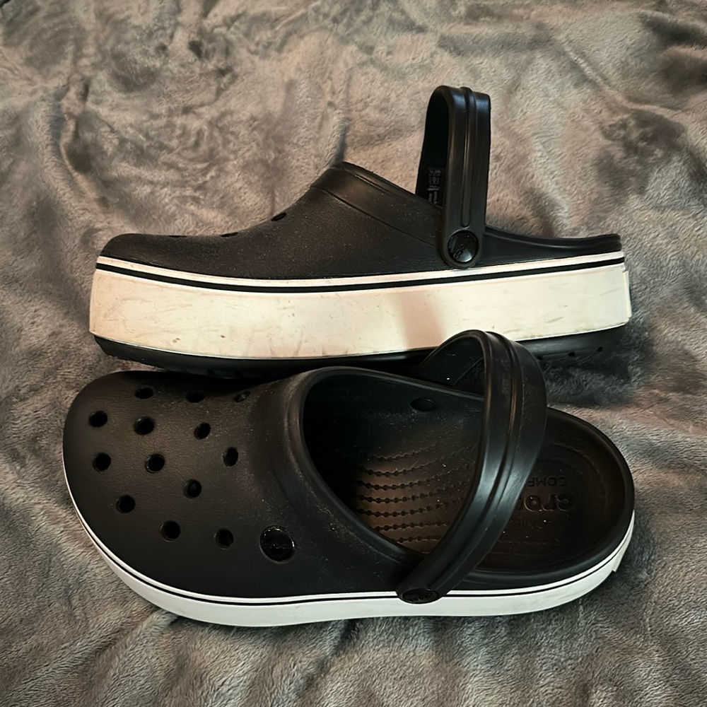 Black and white semi platform crocs mules slip ins slides sandals W9 M7